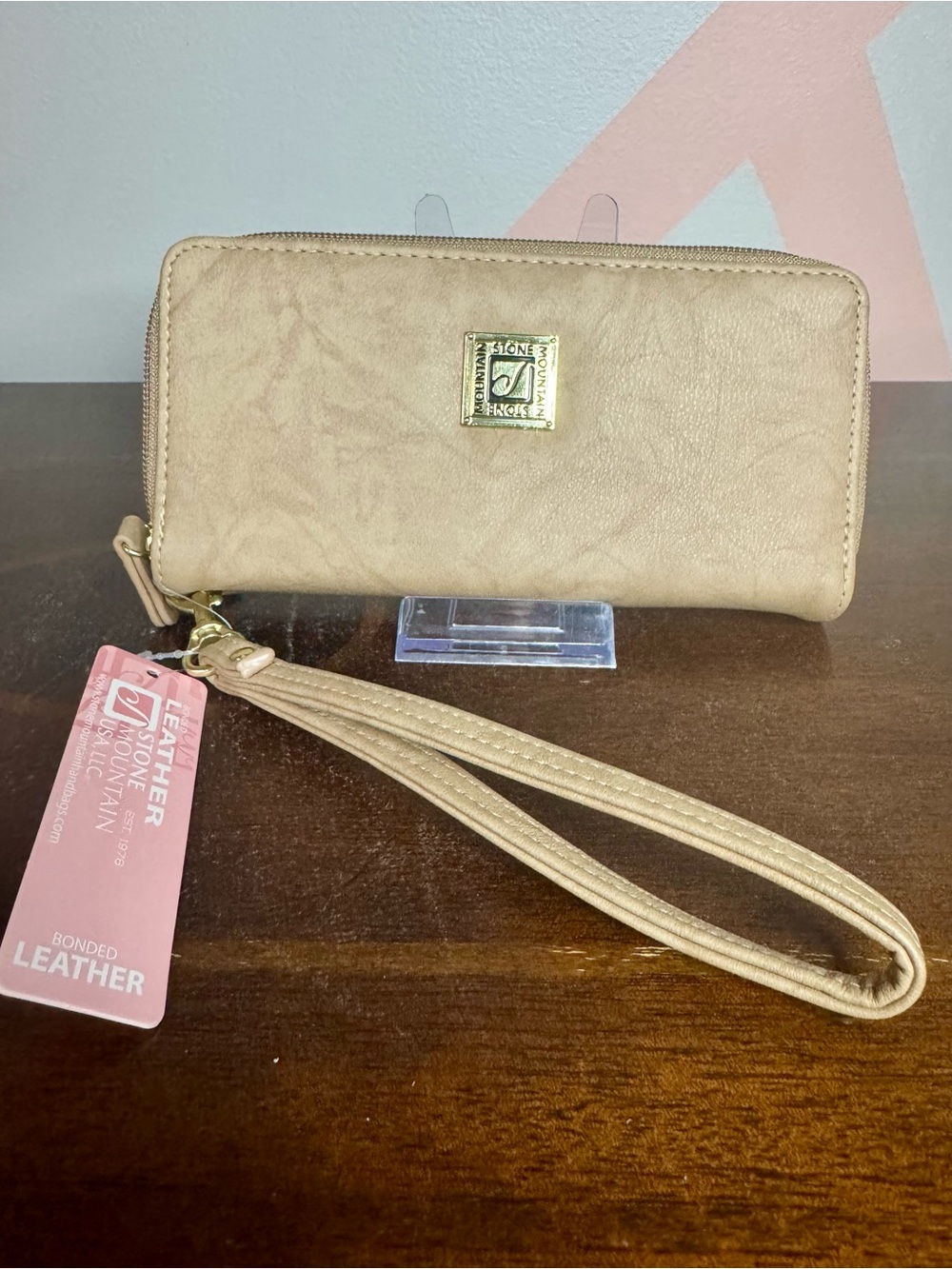 Stone Mountain Tan Bonded Leather Wristlet Wallet with Gold Accent